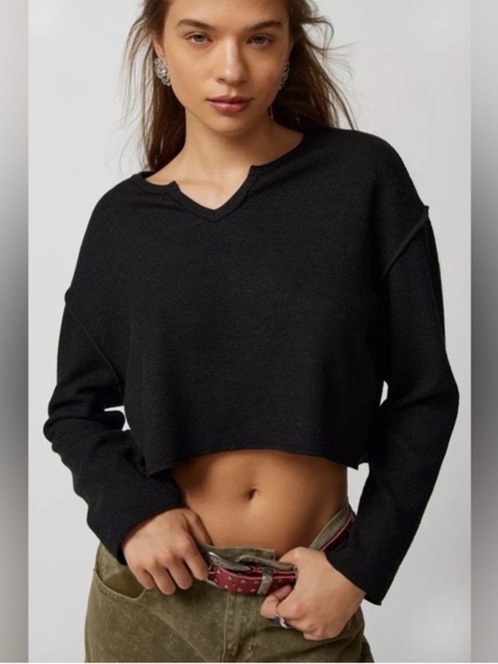 Urban Outfitters Parker Notched Black Ribbed Long Sleeve Top Size Small